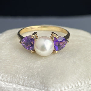 Vintage 14K Gold Amethyst Pearl Retro Trillion Cut Ring, Sz 6.5 - Boylerpf