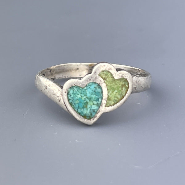 Vintage Silver Turquoise Two Heart Ring, Sz 7 1/4 - Boylerpf