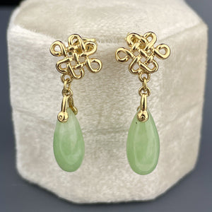 Vintage 14K Gold Celtic Love Knot Natural Jade Teardrop Earrings - Boylerpf