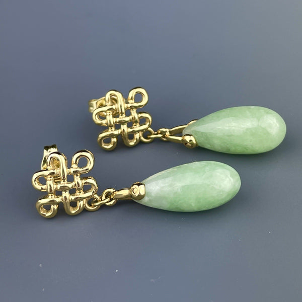 Vintage 14K Gold Celtic Love Knot Natural Jade Teardrop Earrings - Boylerpf