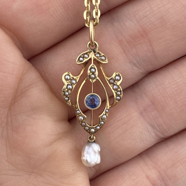 ON HOLD Art Nouveau 14K Gold Blue Sapphire Pearl Lavaliere Pendant Necklace - Boylerpf