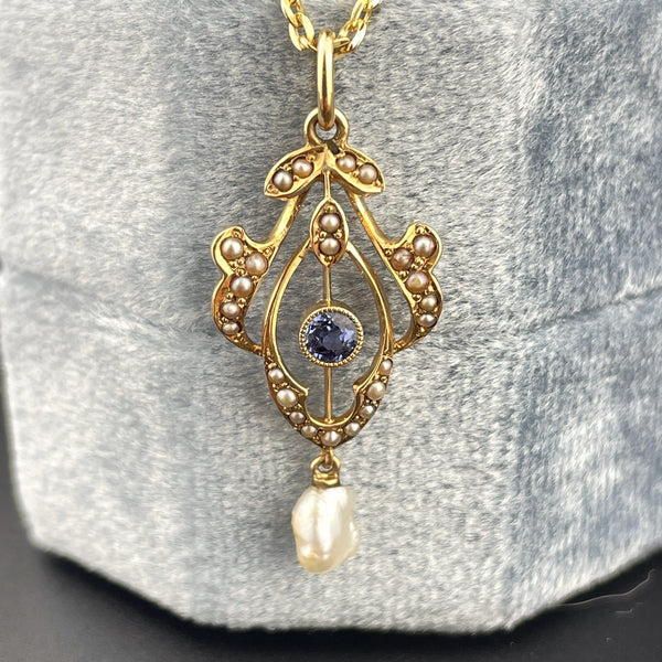 ON HOLD Art Nouveau 14K Gold Blue Sapphire Pearl Lavaliere Pendant Necklace - Boylerpf