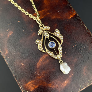 ON HOLD Art Nouveau 14K Gold Blue Sapphire Pearl Lavaliere Pendant Necklace - Boylerpf