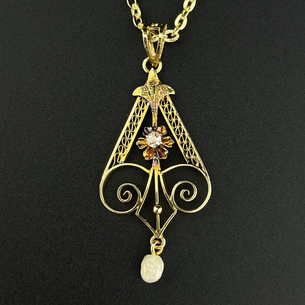 Vintage Edwardian 14K Gold Diamond Buttercup Lavaliere Pendant Necklace - Boylerpf