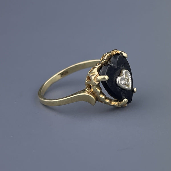 Vintage 10K Gold Black Onyx Diamond Heart Ring, Sz 4 1/4 - Boylerpf