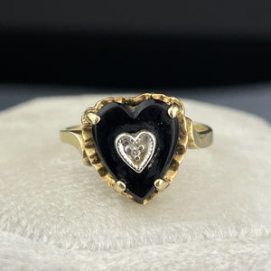 Vintage 10K Gold Black Onyx Diamond Heart Ring, Sz 4 1/4 - Boylerpf