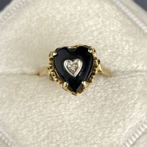 Vintage 10K Gold Black Onyx Diamond Heart Ring, Sz 4 1/4 - Boylerpf