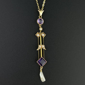 Vintage Art Nouveau Gold Amethyst Pearl Lavaliere Pendant Necklace - Boylerpf