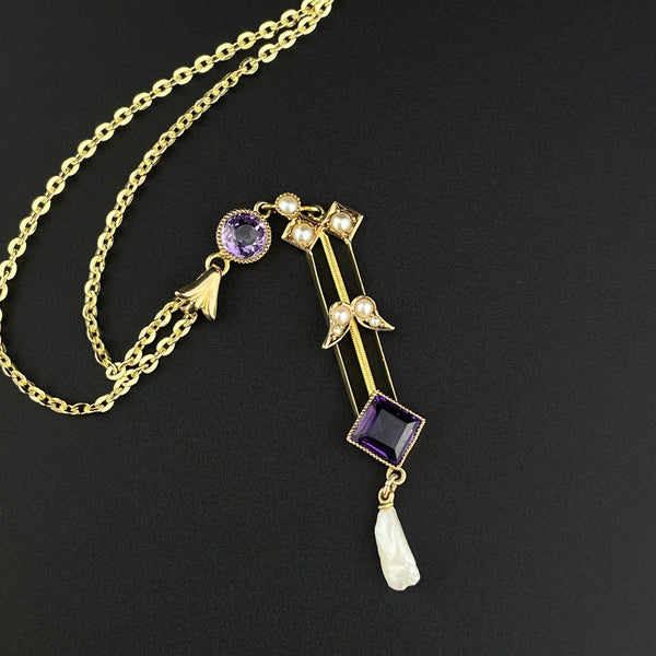 Vintage Art Nouveau Gold Amethyst Pearl Lavaliere Pendant Necklace - Boylerpf