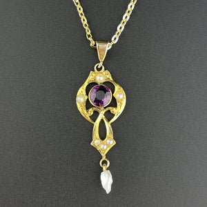 Vintage Art Nouveau Gold Amethyst Pearl Lavaliere Pendant Necklace - Boylerpf