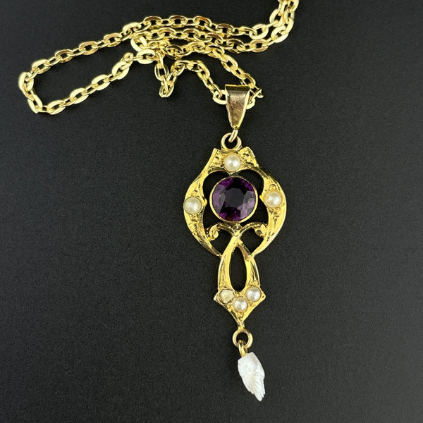 Vintage Art Nouveau Gold Amethyst Pearl Lavaliere Pendant Necklace - Boylerpf