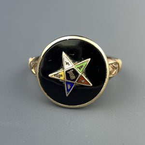 Vintage 14K Gold Onyx Enamel Masonic Star Ring, Sz 5 3/4 - Boylerpf