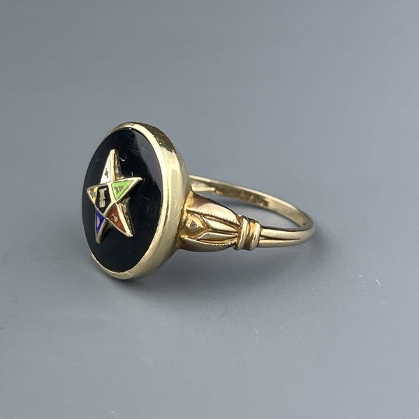 Vintage 14K Gold Onyx Enamel Masonic Star Ring, Sz 5 3/4 - Boylerpf