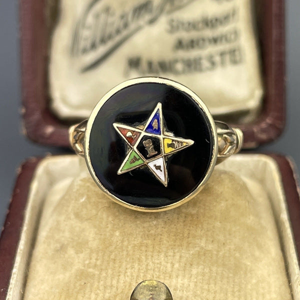 Vintage 14K Gold Onyx Enamel Masonic Star Ring, Sz 5 3/4 - Boylerpf