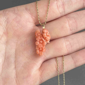 Victorian 14K Gold Carved Coral Flower Pendant Necklace - Boylerpf