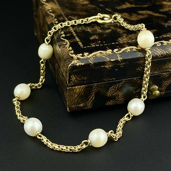 Vintage 10K Gold Pearl Tin Cup Chain Bracelet - Boylerpf