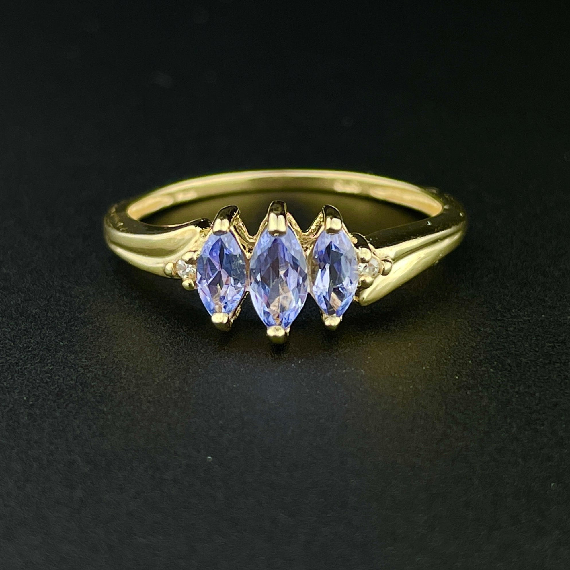 Partially Faceted Tanzanite Crystal Gemstone Diamond 18K Yellow Gold Ring Multi Stone Wedding Ring One of A Kind Three Stone Ring 1038