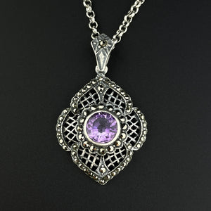 Vintage Silver Art Deco Amethyst Marcasite Pendant Necklace - Boylerpf