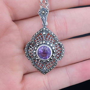 Vintage Silver Art Deco Amethyst Marcasite Pendant Necklace - Boylerpf