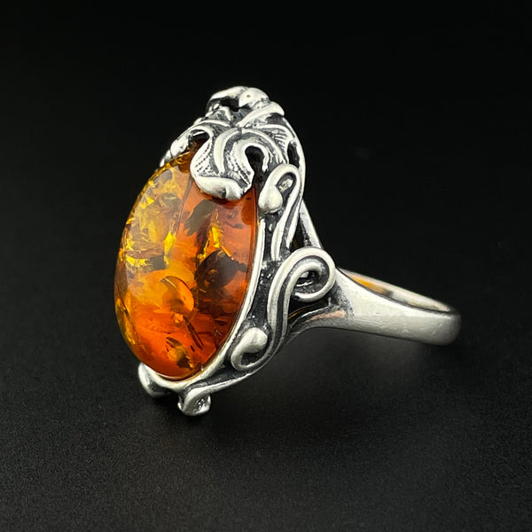 Vintage Silver Amber Arts and Crafts Statement Ring, Sz 7 – Boylerpf