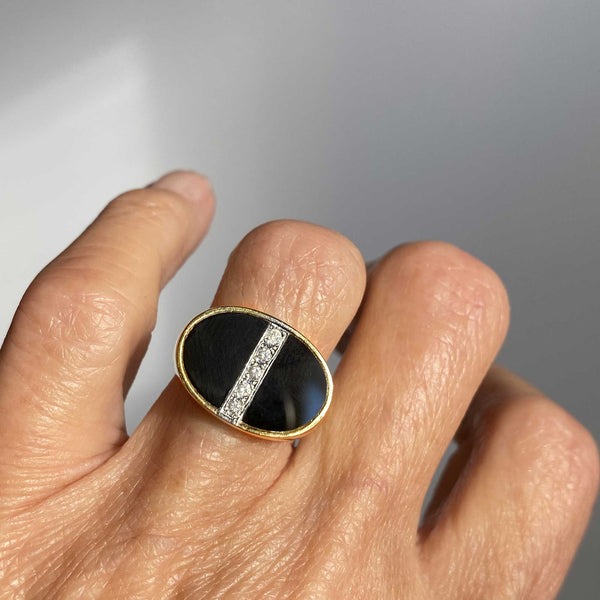 Heavy 14K Gold Oval Onyx Diamond Ring, Signet Style - Boylerpf