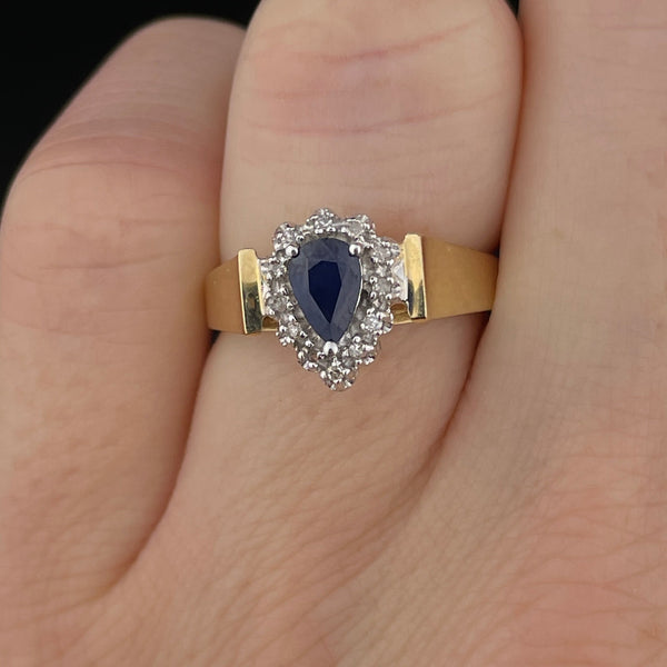 Vintage 10K Gold Sapphire Diamond Halo Engagement Ring, Sz 5 3/4 - Boylerpf