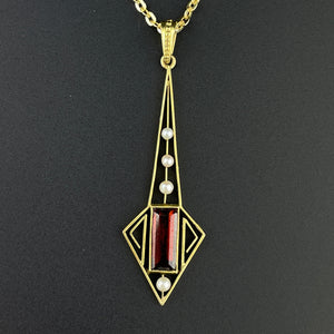 Vintage 10K Gold Art Deco Garnet Seed Pearl Pendant Necklace - Boylerpf