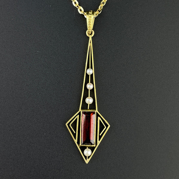 Vintage 10K Gold Art Deco Garnet Seed Pearl Pendant Necklace - Boylerpf