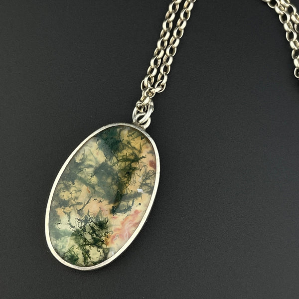 Vintage Silver Scottish Moss Agate Carnelian Two Sided Pendant Necklace - Boylerpf