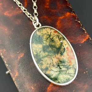 Vintage Silver Scottish Moss Agate Carnelian Two Sided Pendant Necklace - Boylerpf