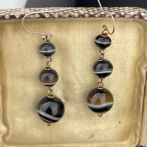 Vintage Gold Banded Agate Ball Drop Earrings - Boylerpf