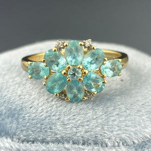 Vintage Gold Diamond Blue Stone Flower Cocktail Ring, Sz 6 1/4 - Boylerpf