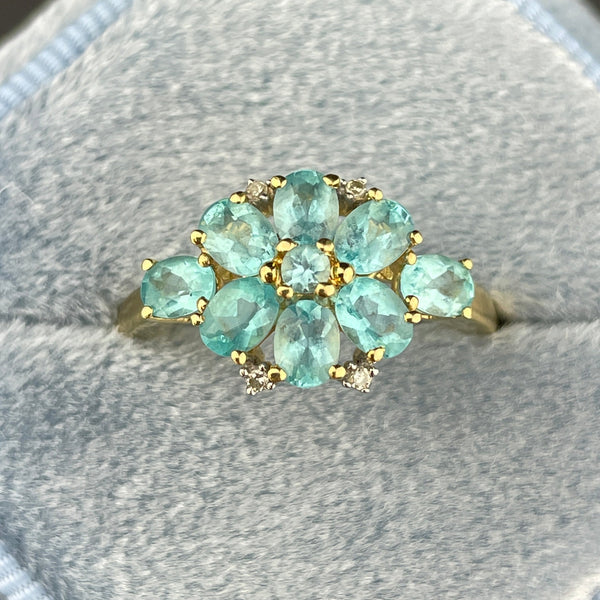 Vintage Gold Diamond Blue Stone Flower Cocktail Ring, Sz 6 1/4 - Boylerpf