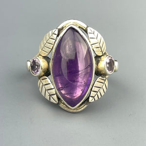 Vintage Silver Leaf Amethyst Cabochon Arts and Crafts Style Ring, Sz 7 3/4 - Boylerpf