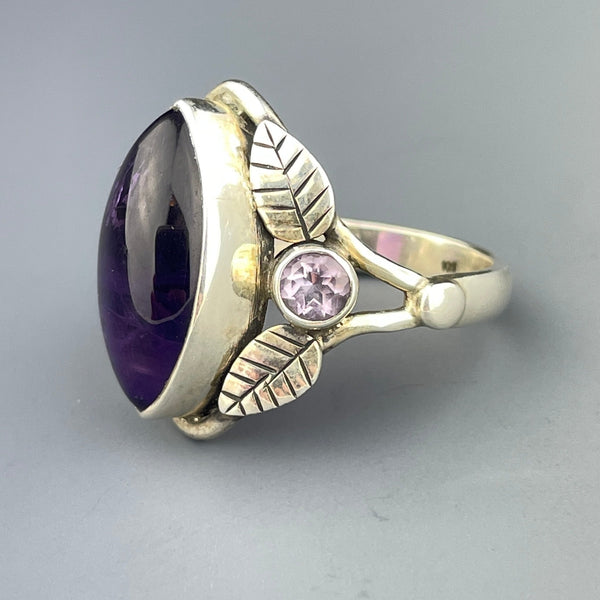 Vintage Silver Leaf Amethyst Cabochon Arts and Crafts Style Ring, Sz 7 3/4 - Boylerpf