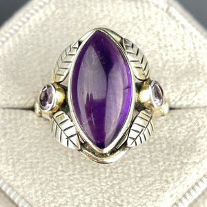 Vintage Silver Leaf Amethyst Cabochon Arts and Crafts Style Ring, Sz 7 3/4 - Boylerpf