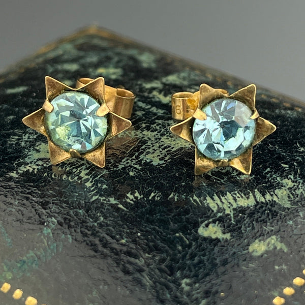 Vintage Gold Star Blue Stone Post Stud Earrings - Boylerpf