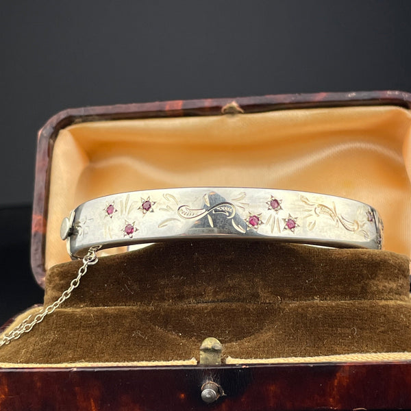 Vintage Silver Engraved Ruby Bangle Bracelet - Boylerpf