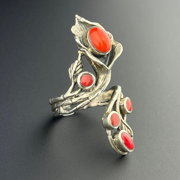Vintage Silver Coral Arts and Crafts Style Wrap Ring, Sz 8.5 - Boylerpf