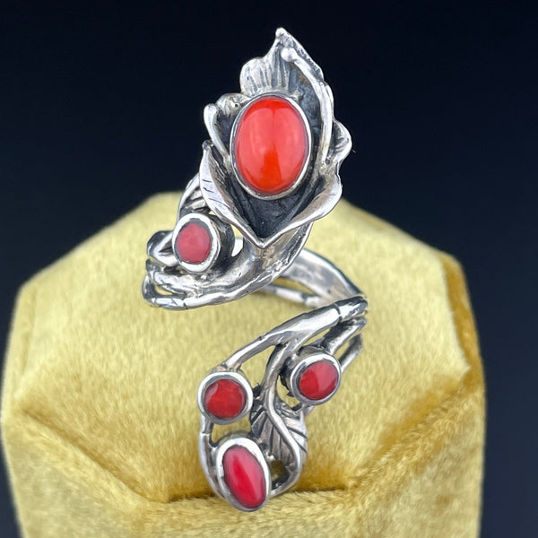 Vintage Silver Coral Arts and Crafts Style Wrap Ring, Sz 8.5 - Boylerpf