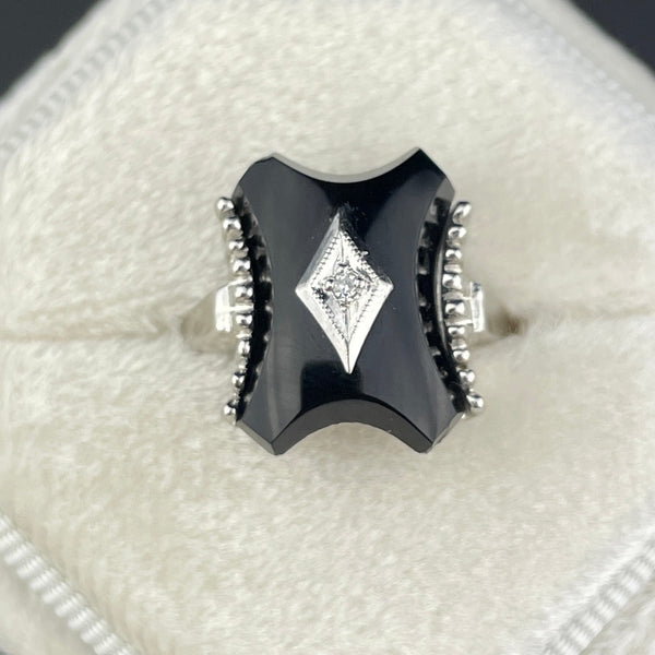 Vintage 10K White Gold Onyx Diamond Ring, Sz 6 - Boylerpf
