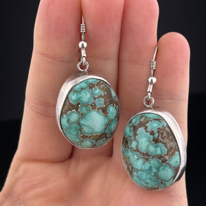 Vintage Large Turquoise Cabochon Sterling Silver Earrings - Boylerpf