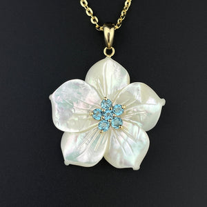 Vintage Gold Blue Topaz Mother of Pearl Flower Pendant Necklace - Boylerpf