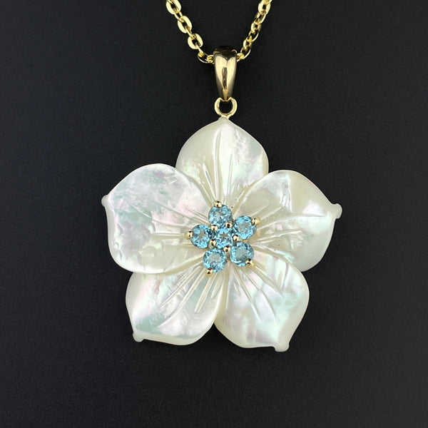 Vintage Gold Blue Topaz Mother of Pearl Flower Pendant Necklace - Boylerpf