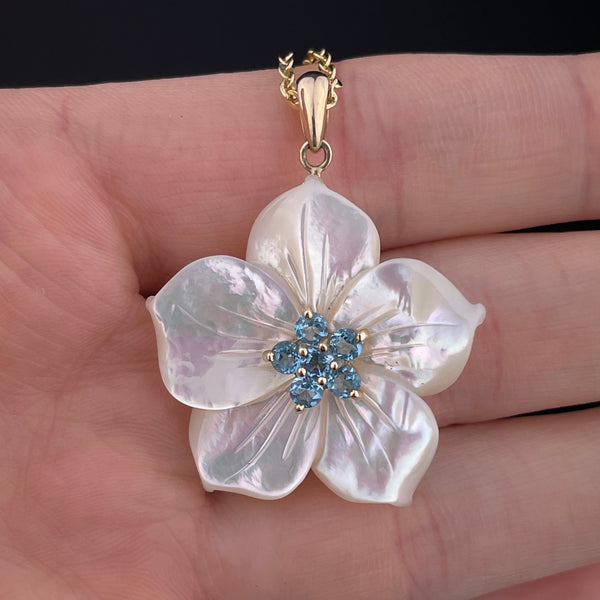 Vintage Gold Blue Topaz Mother of Pearl Flower Pendant Necklace - Boylerpf