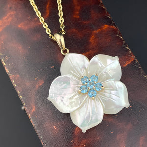 Vintage Gold Blue Topaz Mother of Pearl Flower Pendant Necklace - Boylerpf