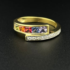 Vintage 18K Gold Multi Gemstone Harlequin Bypass Ring, Sz 6 3/4 - Boylerpf