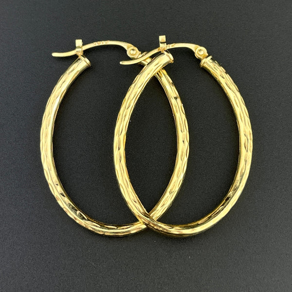 Vintage Solid Etched 14K Large Oval Hoop Earrings - Boylerpf