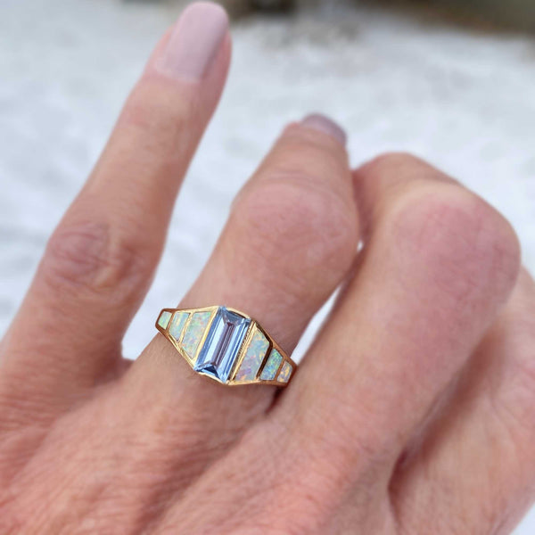 14K Gold Blue Topaz Baguette Opal Ring - Boylerpf
