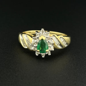 Vintage 10K Gold Pear Cut Emerald Baguette Diamond Halo Ring, Sz 8 1/4 - Boylerpf